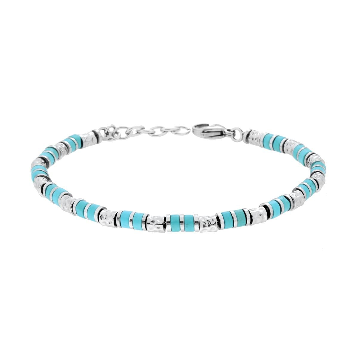 Bracciale Catena con Pietre Turchese e Cilindri martellati in ACCIAIO