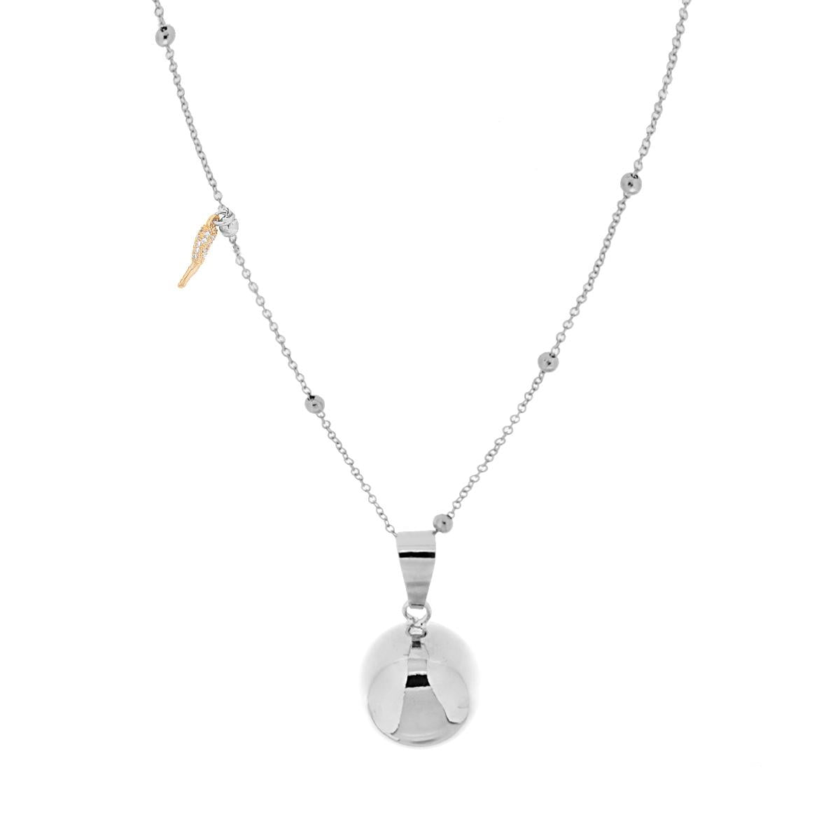 Collana Catena Forzatina Diamantata con Palline cm 90 con Chiama Angeli e Corno portafortuna Charms Strass in ACCIAIO e BRONZO