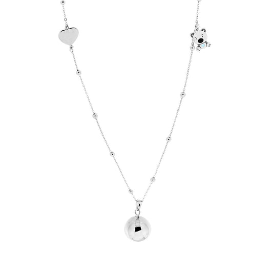 Collana Catena Forzatina Diamantata con Palline cm 90 Chiama Angeli con Cuore e Orsetto Smalto Azzurro in ACCIAIO e BRONZO