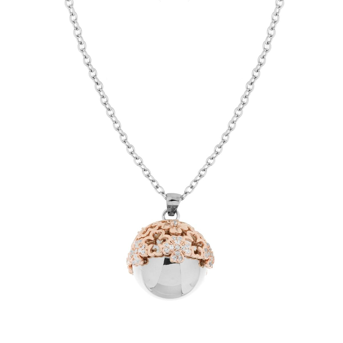 Collana Catena Forzatina cm 90+5 Chiama Angeli Cupola di Quadrifogli colore Rosa Crystal con Sfera in ACCIAIO e BRONZO