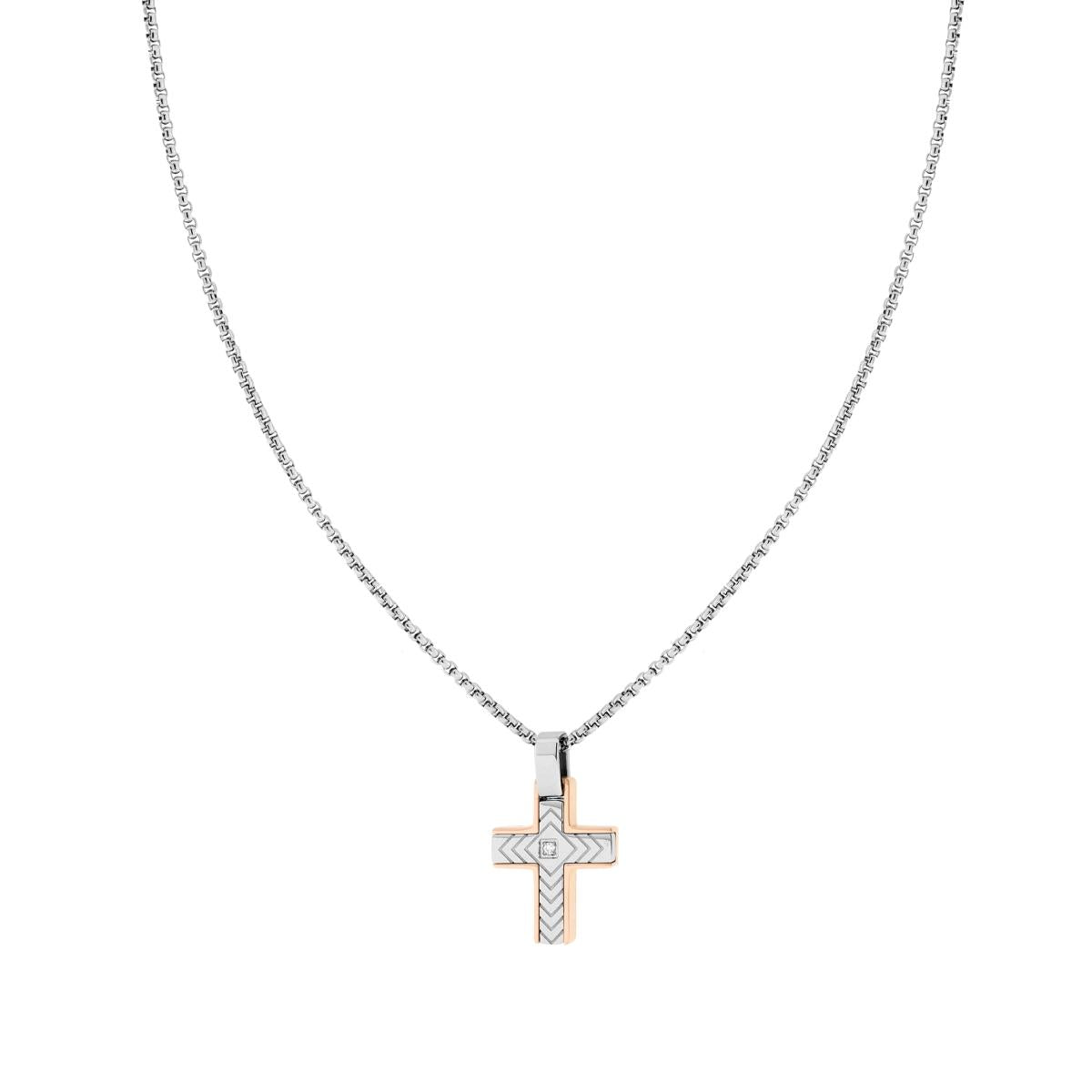 Collana Catena Veneziana Tonda con Croce Rosa con Decoro Geometrico e Crystal Bianco in ACCIAIO