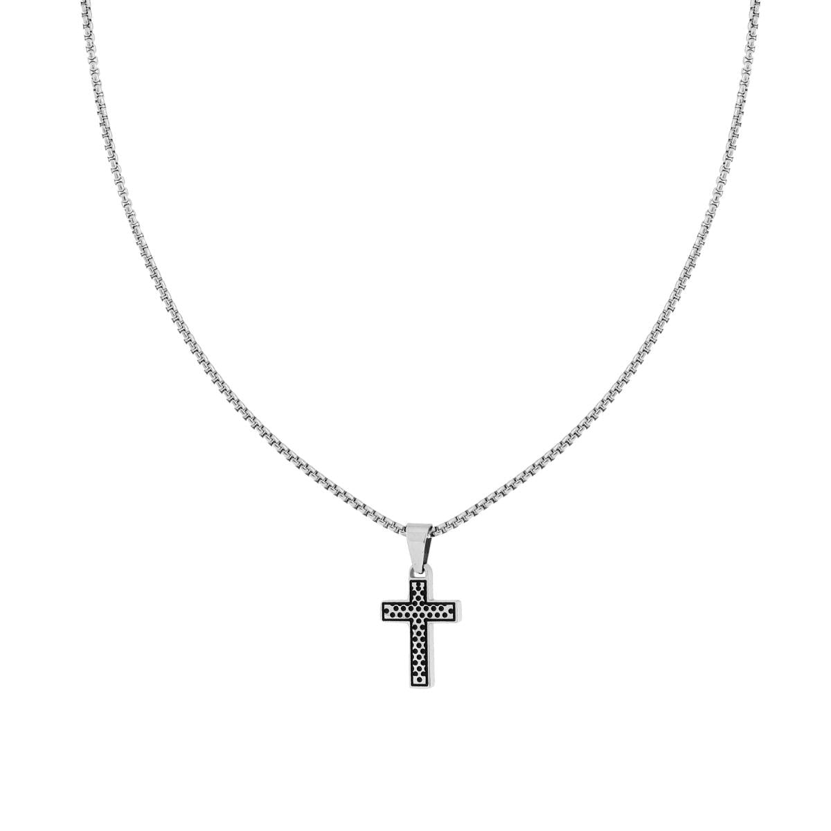 Collana Catena Veneziana Tonda e Croce con Decoro Pallinato in ACCIAIO
