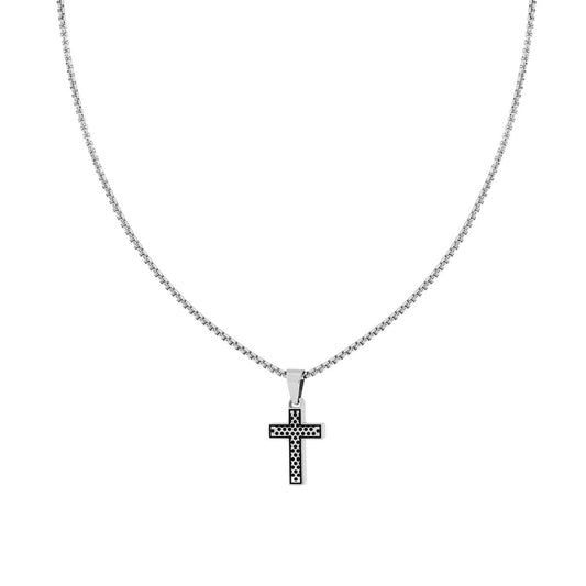 Collana Catena Veneziana Tonda e Croce con Decoro Pallinato in ACCIAIO