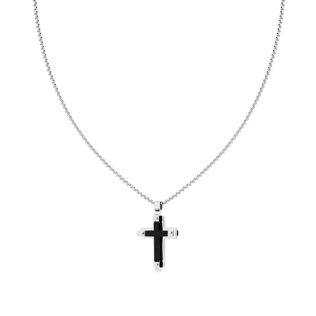 Collana Catena Veneziana Tonda con Croce sormontata da Croce colore Nero satinata in ACCIAIO