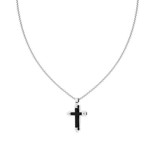 Collana Catena Veneziana Tonda con Croce sormontata da Croce colore Nero satinata in ACCIAIO