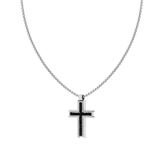 Collana Catena Veneziana Tonda con Croce con Crystal Neri in ACCIAIO