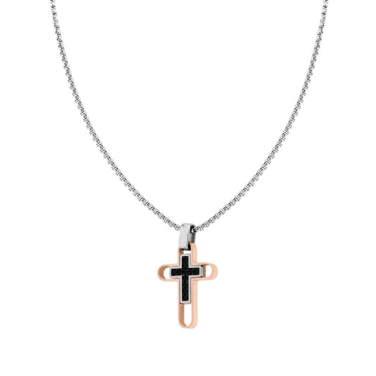 Collana Catena Veneziana Tonda con Croce Rosa e Crystal Neri in ACCIAIO