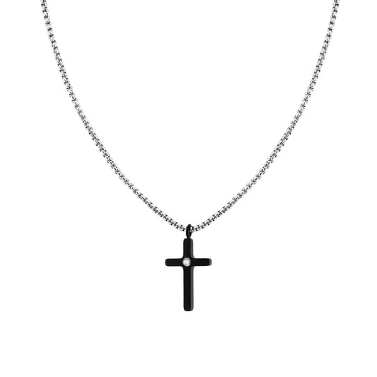 Collana Catena Veneziana Tonda con Croce Nera e Crystal Bianco in ACCIAIO