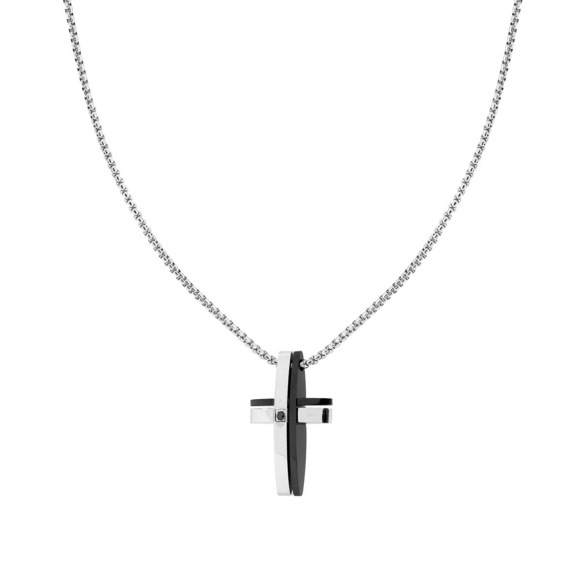 Collana Catena Veneziana Tonda con Croce con Dettaglio Nero e Crystal Nero in ACCIAIO