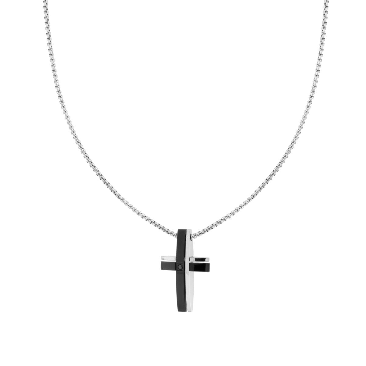 Collana Catena Veneziana Tonda e Croce con Dettaglio Nero e Crystal Nero in ACCIAIO