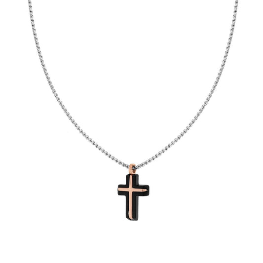 Collana Catena Veneziana Tonda con Croce Nera e Rosa in ACCIAIO