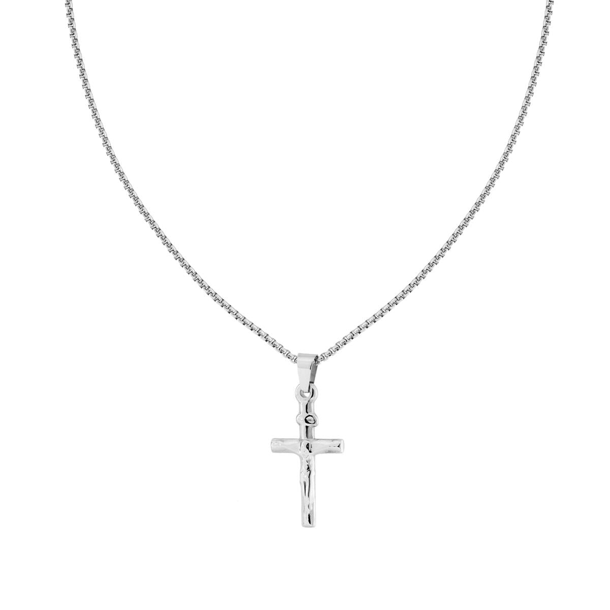 Collana Catena Veneziana Tonda con Croce e Gesu Cristo in ACCIAIO