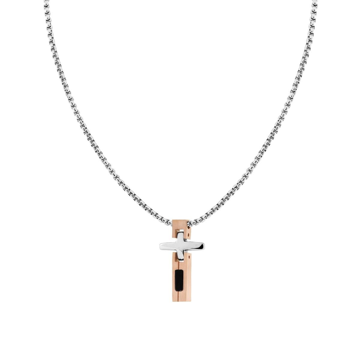 Collana Catena Veneziana Tonda con Croce Segmentata e Imperniata Rosa in ACCIAIO