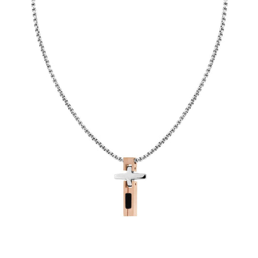 Collana Catena Veneziana Tonda con Croce Segmentata e Imperniata Rosa in ACCIAIO