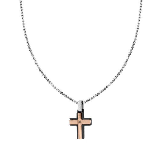 Collana Catena Veneziana Tonda con Croce Nera e Rosa Rigata con Crystal Nero in ACCIAIO