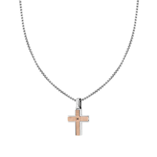 Collana Catena Veneziana Tonda con Croce Rosa Rigata con Crystal Nero in ACCIAIO