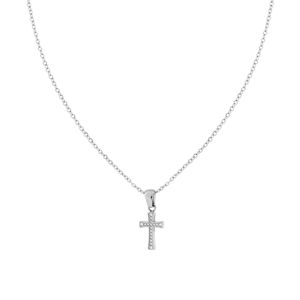 Collana Catena Forzatina con Croce e Crystal Bianchi in ACCIAIO