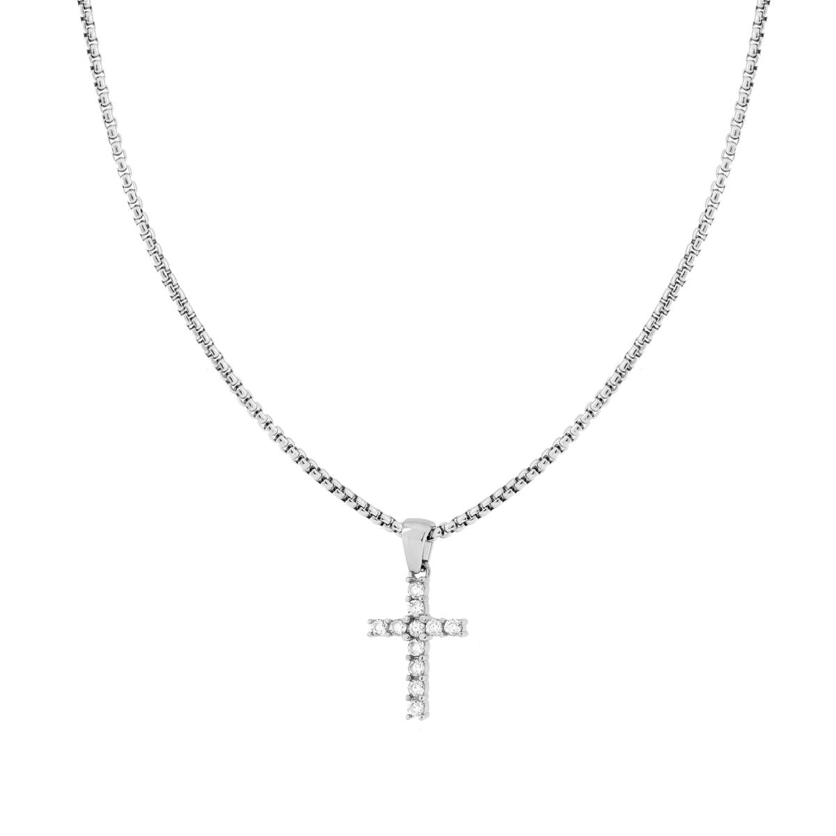 Collana Catena Veneziana Tonda con Croce con Crystal Bianchi in ACCIAIO