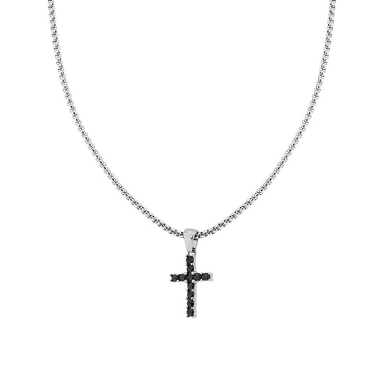 Collana Catena Veneziana Tonda con Croce con Crystal Neri in ACCIAIO