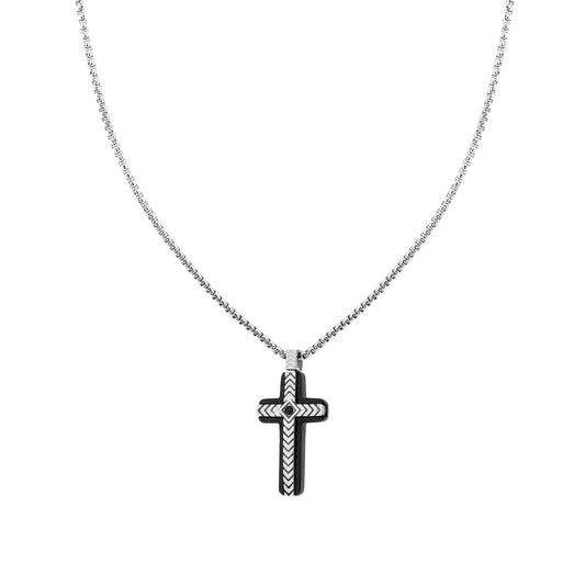 Collana Catena Veneziana Tonda con Croce Nera con Decoro Geometrico e Crystal Nero in ACCIAIO