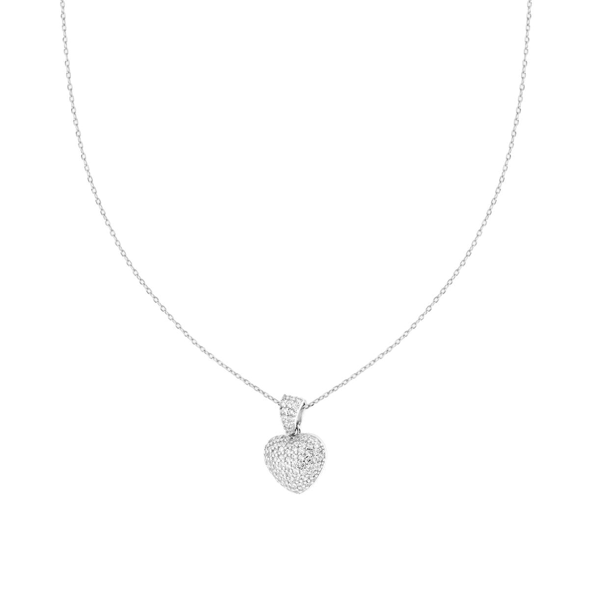 Collana Catena Forzatina Diamantata con Cuore e Cubic Zirconia Bianchi in ARGENTO 925 Galvanica Rodio
