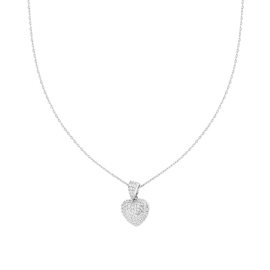 Collana Catena Forzatina Diamantata con Cuore e Cubic Zirconia Bianchi in ARGENTO 925 Galvanica Rodio