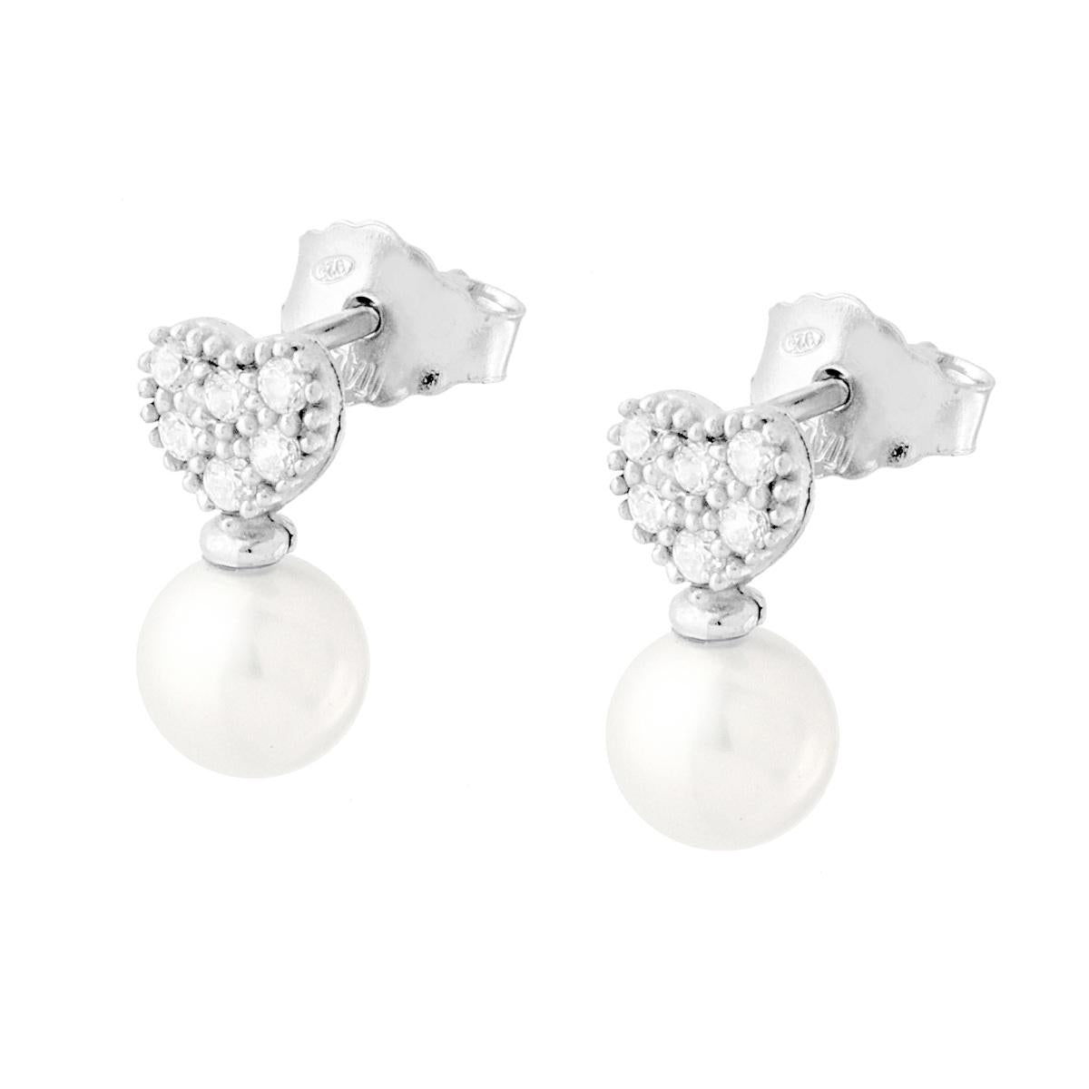 Orecchini Cuore con Cubic Zirconia Bianchi e Perla in ARGENTO 925 Galvanica Rodio