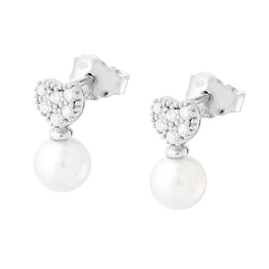 Orecchini Cuore con Cubic Zirconia Bianchi e Perla in ARGENTO 925 Galvanica Rodio