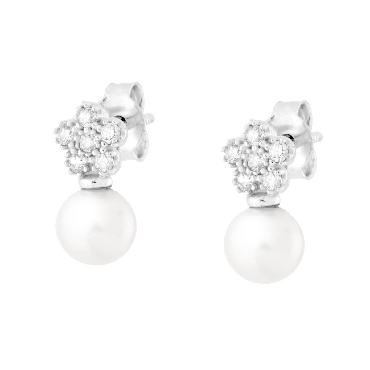 Orecchini Fiore con Cubic Zirconia Bianchi e Perla in ARGENTO 925 Galvanica Rodio