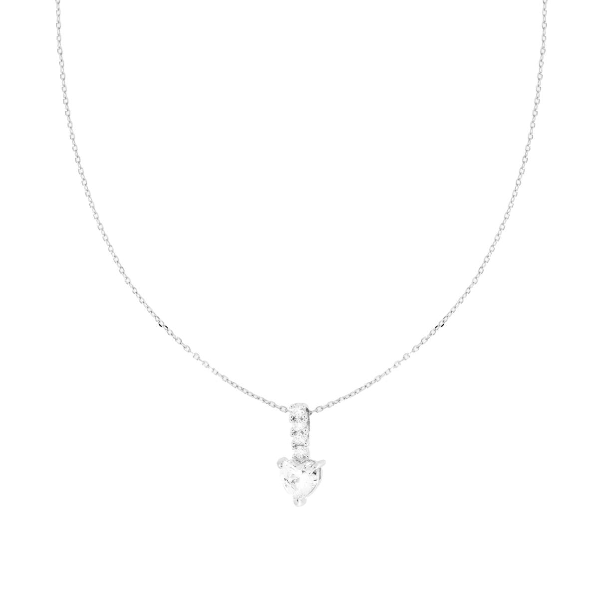 Collana Catena Forzatina Diamantata con Barretta Tennis con Punto Luce Cuore e Cubic Zirconia Bianchi in ARGENTO 925 Galvanica Rodio