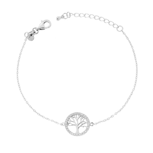 Bracciale Catena Forzatina Diamantata Albero della Vita con Cubic Zirconia Bianchi in ARGENTO 925 Galvanica Rodio