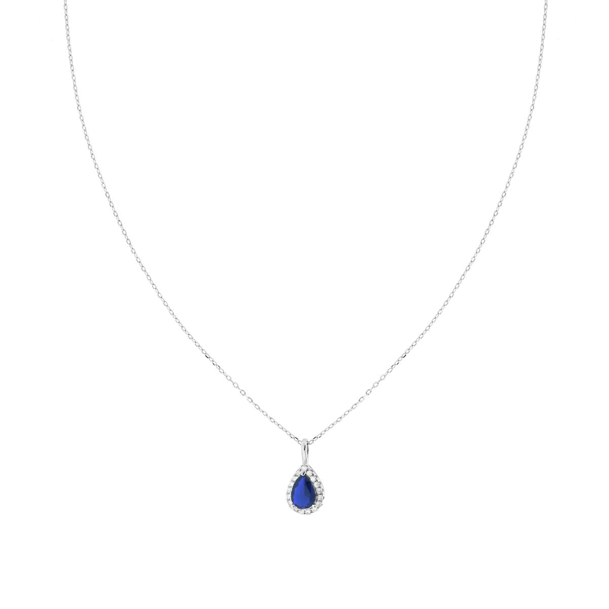 Collana Catena Forzatina Diamantata Goccia Blu Zaffiro contornata da Cubic Zirconia Bianchi in ARGENTO 925 Galvanica Rodio