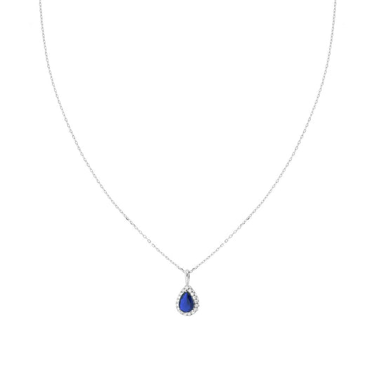 Collana Catena Forzatina Diamantata Goccia Blu Zaffiro contornata da Cubic Zirconia Bianchi in ARGENTO 925 Galvanica Rodio