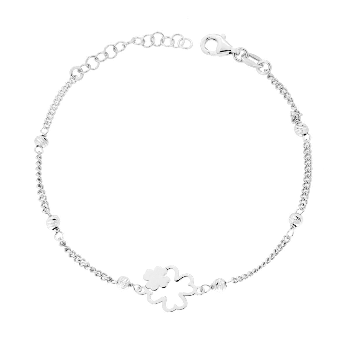 Bracciale Catena Grumetta Diamantata con Quadrifogli in ARGENTO 925 Galvanica Rodio