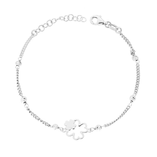 Bracciale Catena Grumetta Diamantata con Quadrifogli in ARGENTO 925 Galvanica Rodio
