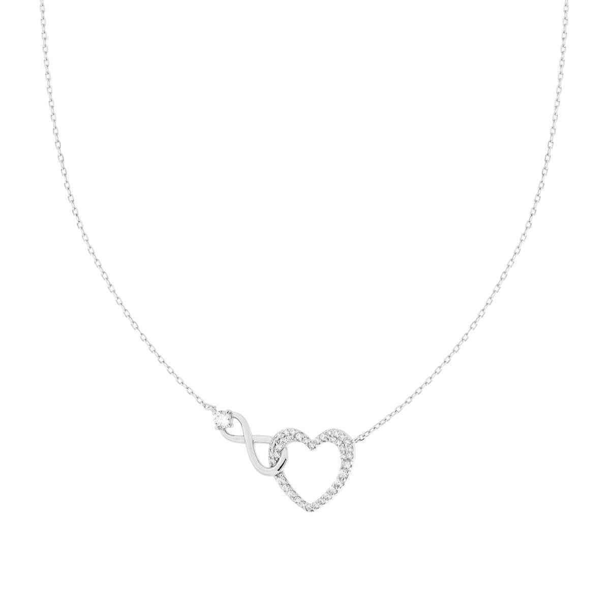 Collana Catena Forzatina Diamantata con Infinito e Cuore con Cubic Zirconia Bianchi in ARGENTO 925 Galvanica Rodio
