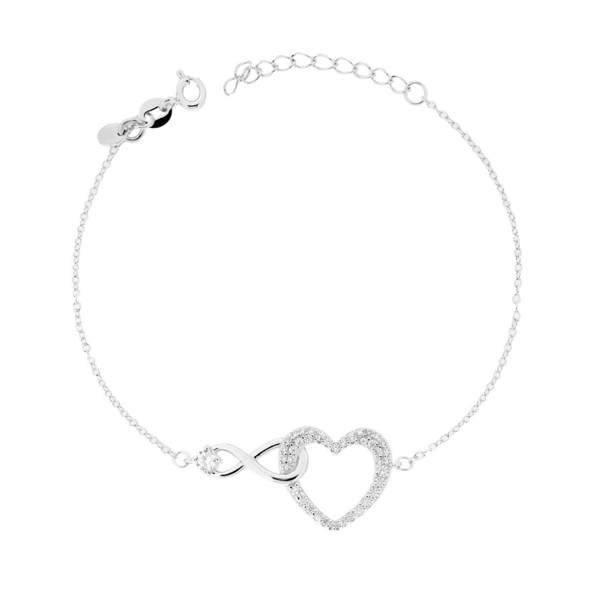 Bracciale Catena Forzatina Diamantata Infinito e Cuore con Cubic Zirconia in ARGENTO 925 Galvanica Rodio