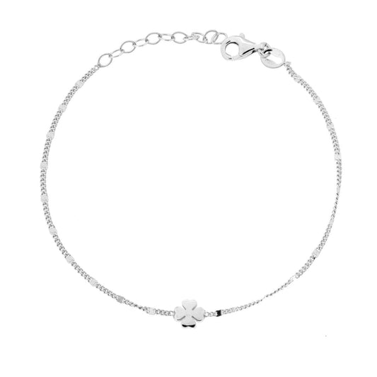 Bracciale Catena Grumetta Diamantata con Quadrifoglio in ARGENTO 925 Galvanica Rodio