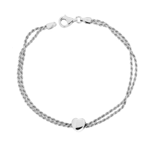 Bracciale due fili Catena Corda Diamantata con Cuore Bombato in ARGENTO 925 Galvanica Rodio