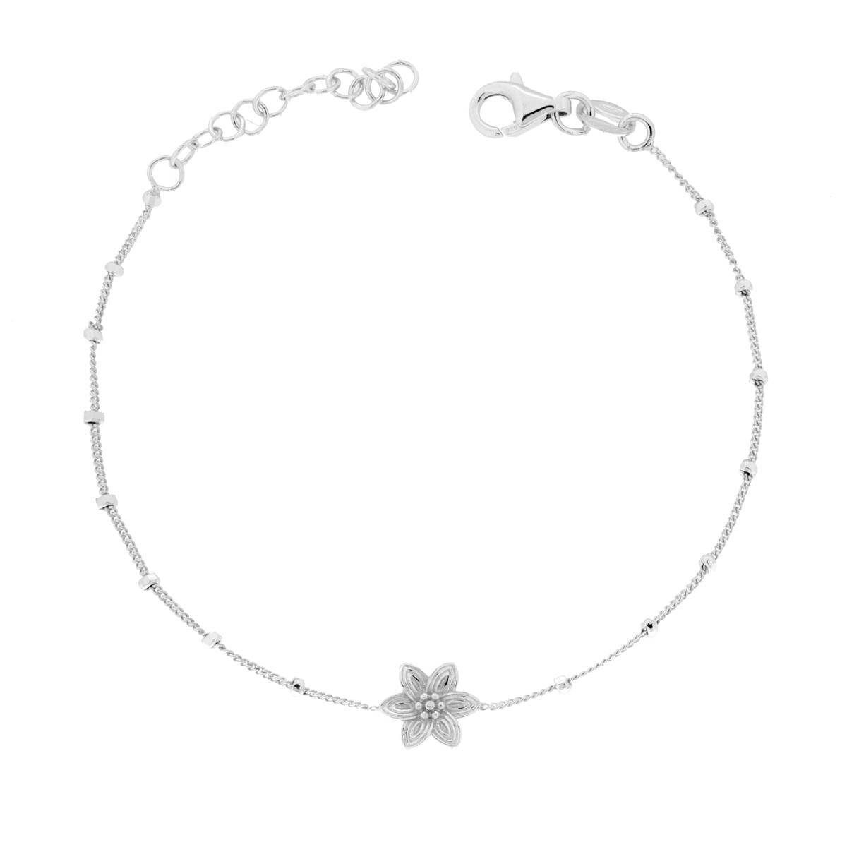 Bracciale Catena Grumetta Diamantata con Fiore in ARGENTO 925 Galvanica Rodio