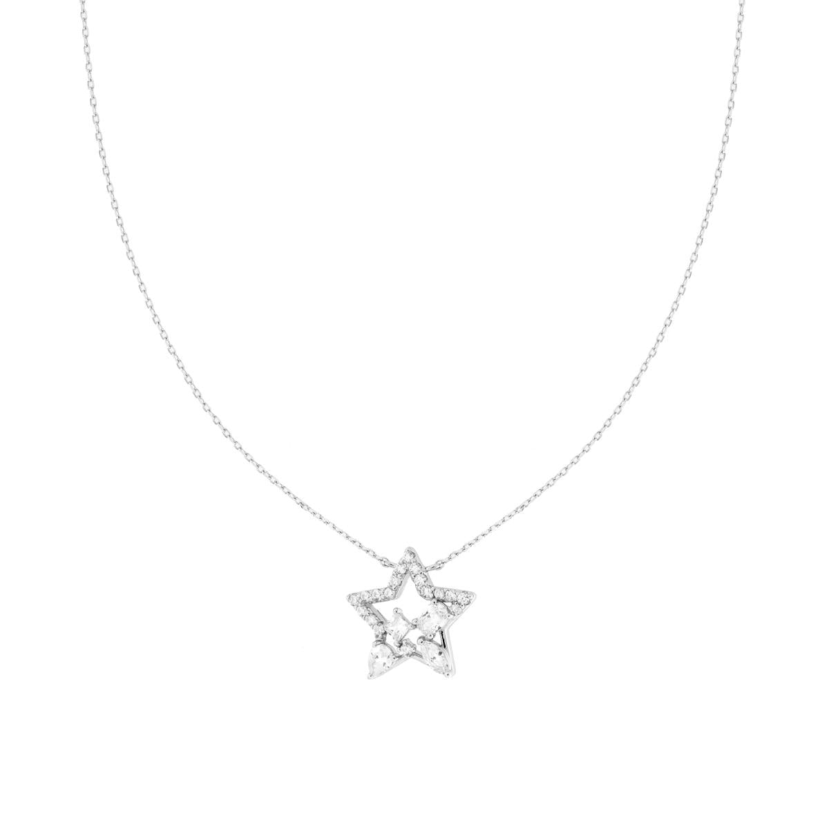 Collana Catena Forzatina Diamantata con Stella e Cubic Zirconia Bianchi in ARGENTO 925 Galvanica Rodio