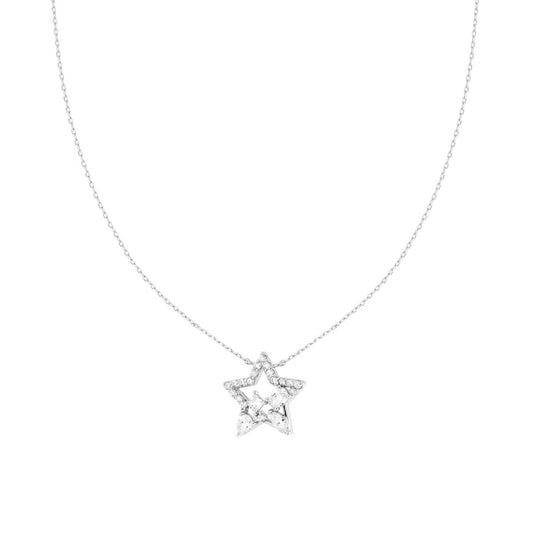 Collana Catena Forzatina Diamantata con Stella e Cubic Zirconia Bianchi in ARGENTO 925 Galvanica Rodio