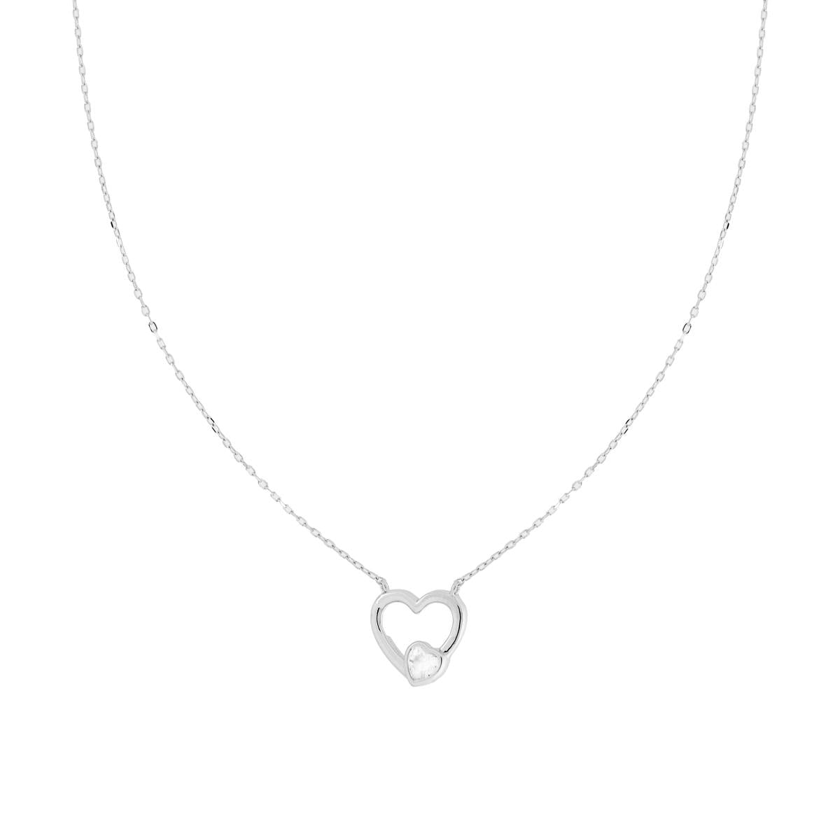 Collana Catena Forzatina Diamantata con Cuore e Cubic Zirconia Bianco in ARGENTO 925 Galvanica Rodio