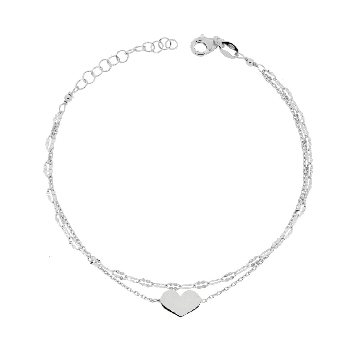 Bracciale due fili Catena Forzatina Diamantata e Catena Quadrifoglio Diamantata con Cuore in ARGENTO 925 Galvanica Rodio