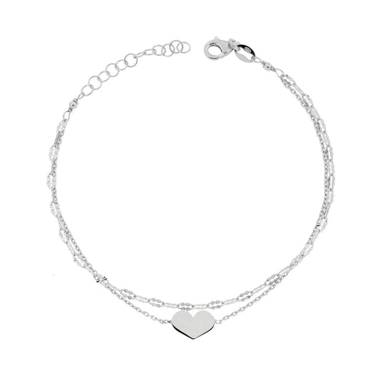 Bracciale due fili Catena Forzatina Diamantata e Catena Quadrifoglio Diamantata con Cuore in ARGENTO 925 Galvanica Rodio