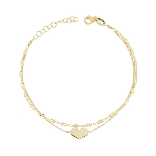 Bracciale due fili Catena Forzatina Diamantata e Catena Quadrifoglio Diamantata con Cuore in ARGENTO 925 Galvanica Oro