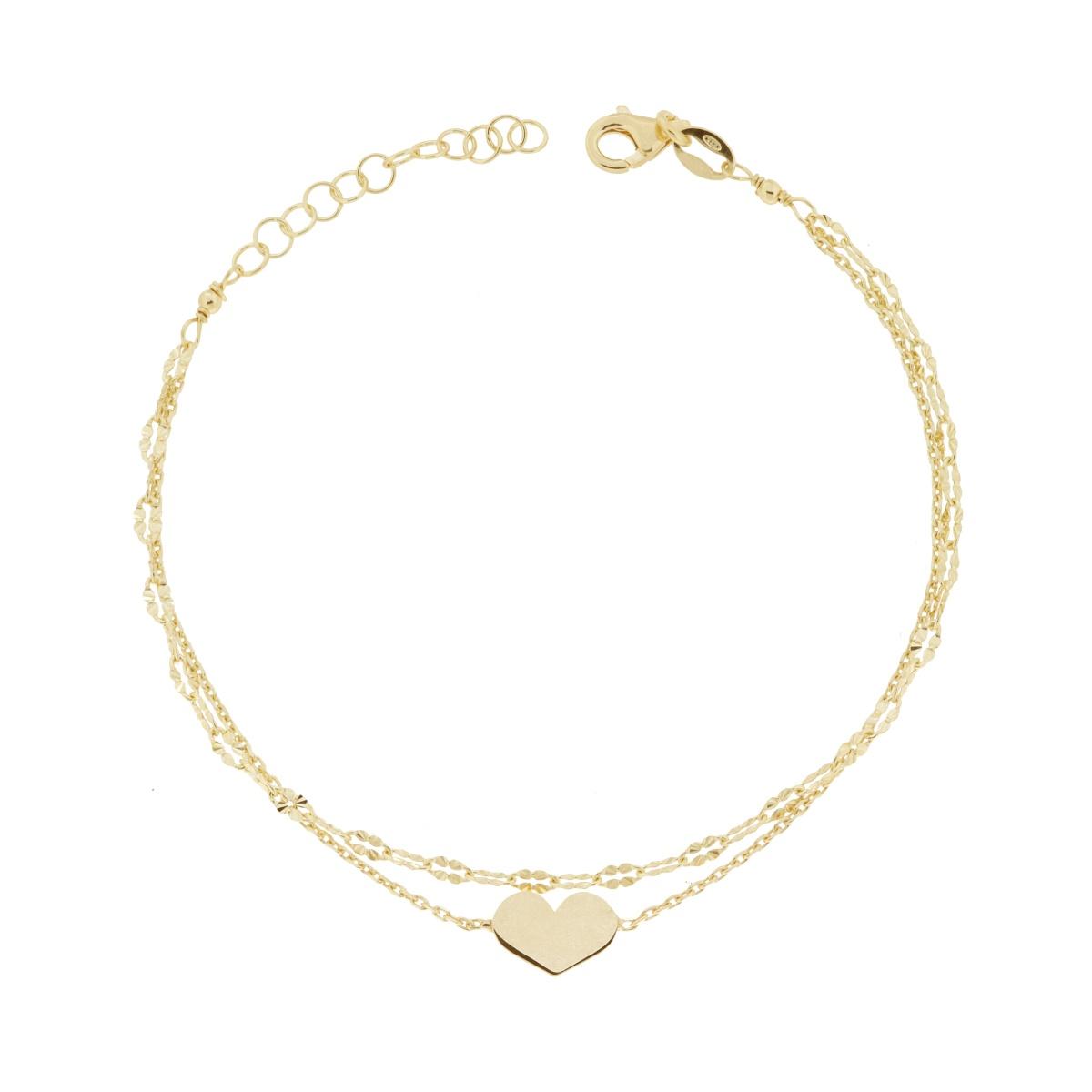 Bracciale due fili Catena Forzatina Diamantata e Catena Quadrifoglio Diamantata con Cuore in ARGENTO 925 Galvanica Oro