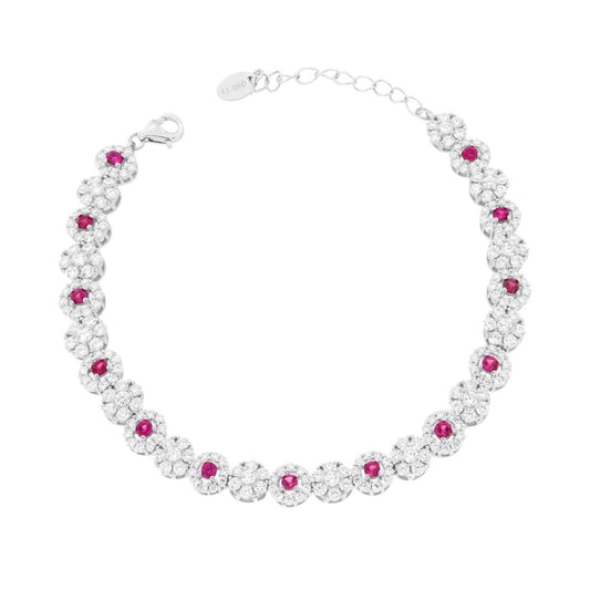 Bracciale Tennis Fiori con Cubic Zirconia Rosso Rubino e Bianchi in ARGENTO 925 Galvanica Rodio