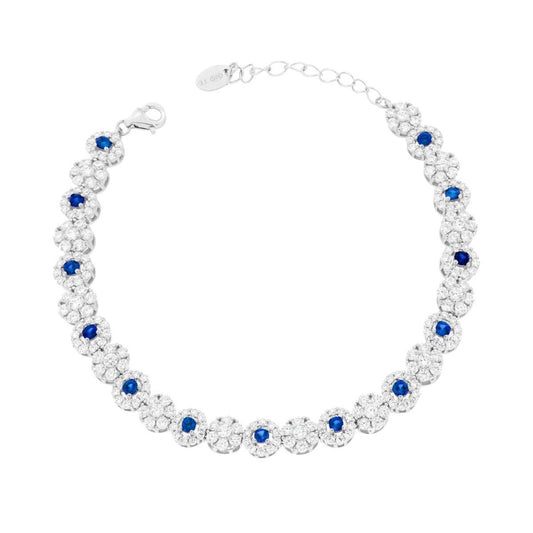 Bracciale Tennis Fiori con Cubic Zirconia Blu Zaffiro e Bianchi in ARGENTO 925 Galvanica Rodio