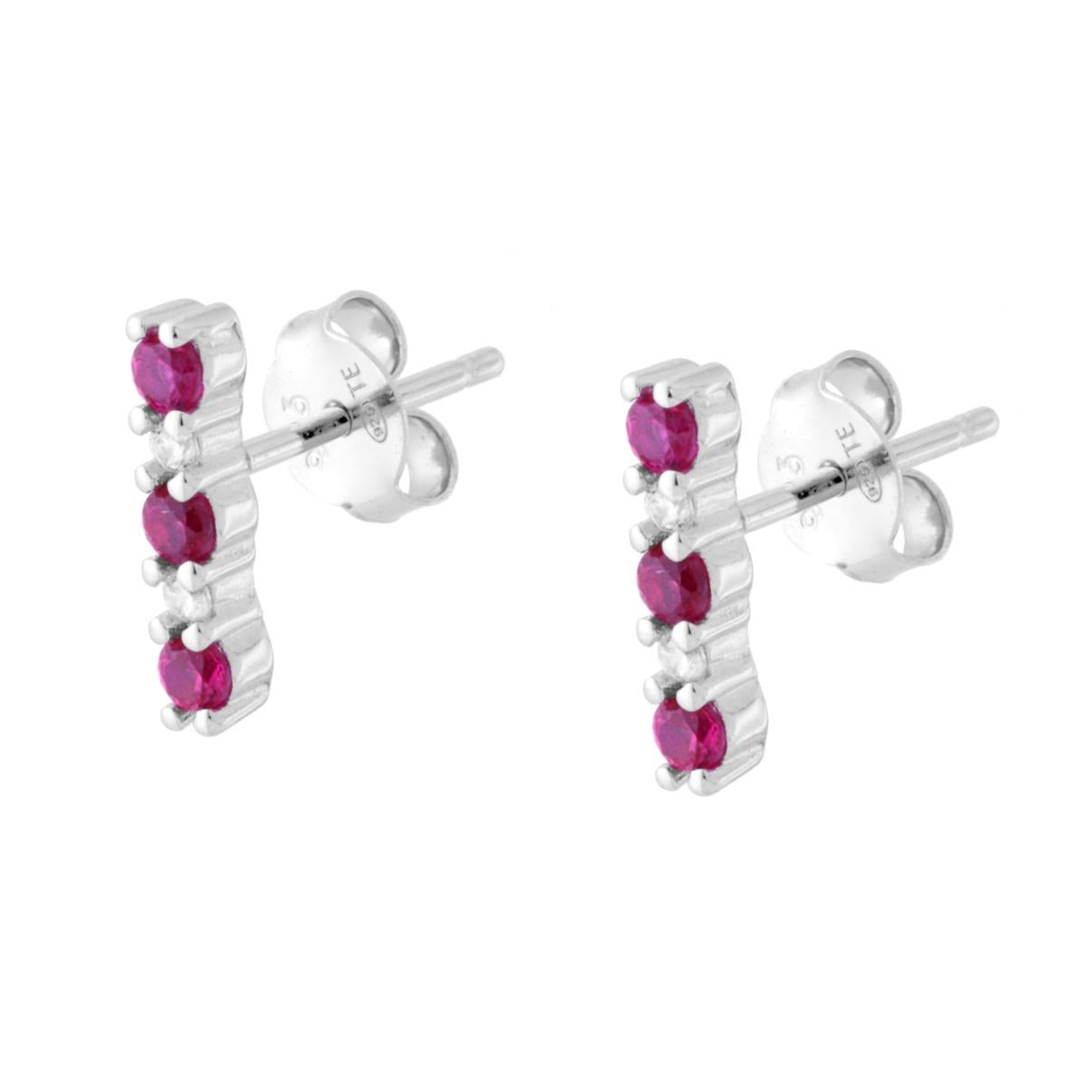 Orecchini Barretta con Cubic Zirconia Rosso Rubino e Bianchi in ARGENTO 925 Galvanica Rodio